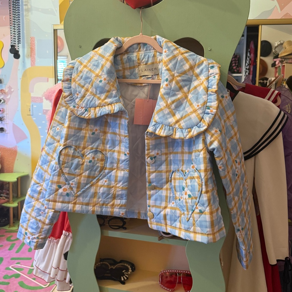 Plaid Ruffle-Collar Puffer Jacket in Blue & Yellow - Picture 8 of 12